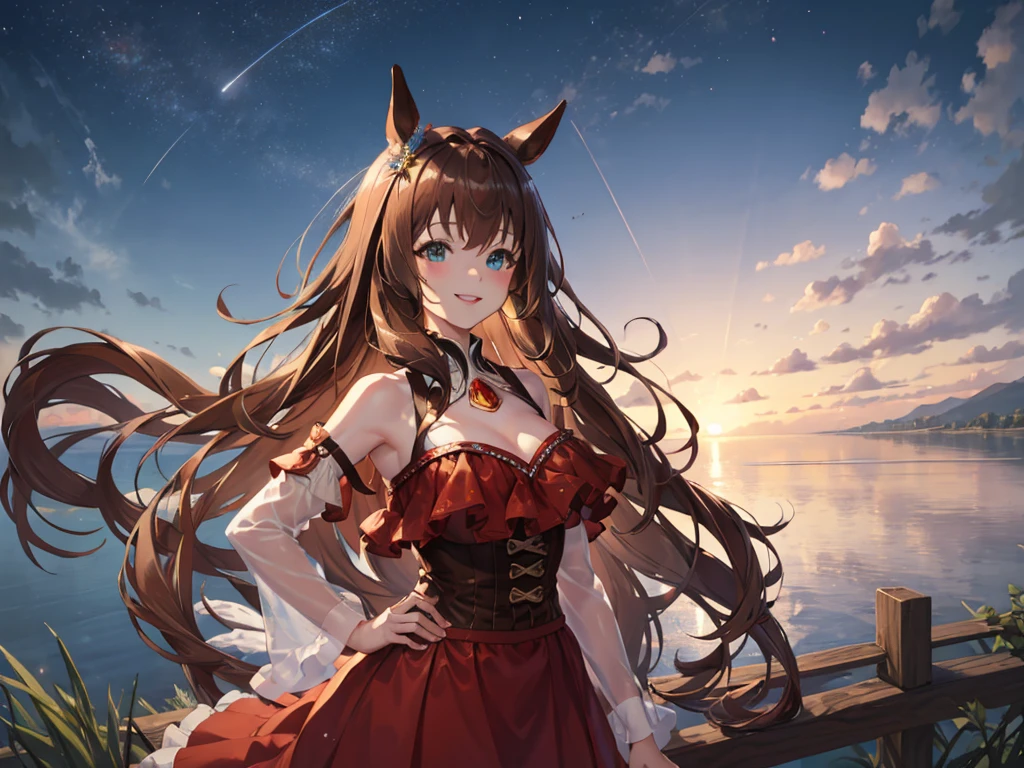 masterpiece, uhd, best quality, highres, 8k、shoot from above、upper body shot。solo、Alone、１Alone。Girl with horse ears、beautiful girl、low length、。Smile。Pink Lipstick、Beautiful breasts。Red Dress、Evening Dresses、Shoulder less、Feather coat、Attached sleeves。Hands on hips。breeze、cliff、Starry Sky。