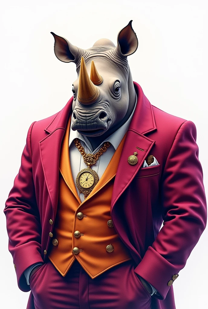 A watercolor painting of a rhinoceros in a crimson velvet suit with a golden pocket watch, on white, in the style of deep purple and gold, charming character illustrations, crimson and gold, paint dripping technique, confident expression, gigantic scale, UHD image.