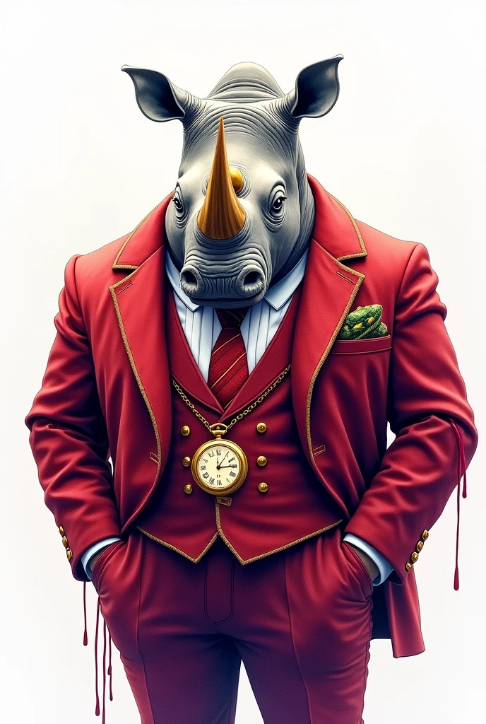 A watercolor painting of a rhinoceros in a crimson velvet suit with a golden pocket watch, on white, in the style of deep purple and gold, charming character illustrations, crimson and gold, paint dripping technique, confident expression, gigantic scale, UHD image.