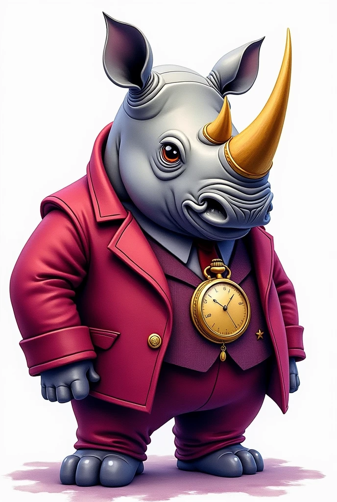 A watercolor painting of a rhinoceros in a crimson velvet suit with a golden pocket watch, on white, in the style of deep purple and gold, charming character illustrations, crimson and gold, paint dripping technique, confident expression, gigantic scale, UHD image.