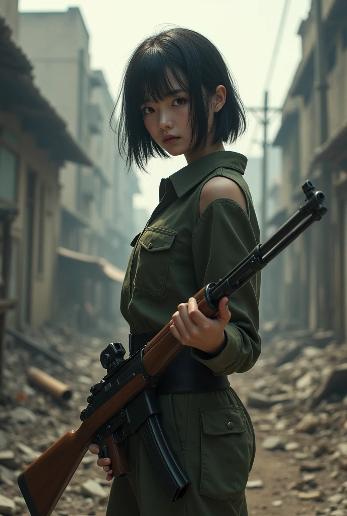 Best quality, masterpiece, ultra high res, (photorealistic:1.4), raw photo, 1girl, japanese girl, cinematic lighting, military uniform, ((off shoulder, single bare shoulder)), holding a rifle, war zone, dust, ruins, cap