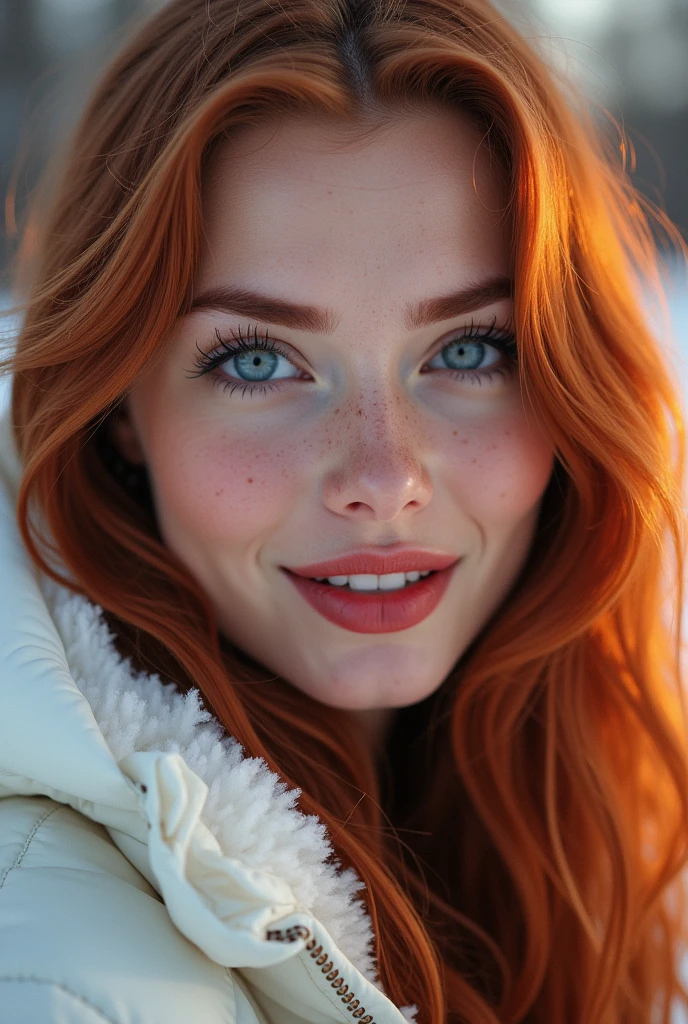 ((masterpiece, 8K, best quality, high resolution:1.3)), (a close-up of the face of a woman with long, slightly wavy red hair:1.2), (her eyebrows are thick and well-defined, matching the color of her hair:1.2), (her eyelashes are long and very black:1.2), (her eyes are very intense light blue:1.2), (her skin is very fair:1.2), (her mouth with full lips is lightly made up with red lipstick:1.2), (her cheeks are slightly flushed:1.2), (her face is covered with freckles:1.2), (her nose is sharp:1.2), (her smile reveals her beautiful and perfect white teeth:1.2), (she is wearing a white snowsuit because it is snowing:1.2), (the light is falling laterally on her face:1.2), (it is sunset:1.2), (RAW quality:1.2), (Canon EOS 5DS R camera, perfect for capturing the detail and beauty of the scene:1.2), (paired with the Canon EF 85mm f/1.4L IS USM lens:1.2), (the scene is illuminated with soft, warm sunset light:1.2), (her confident and joyful expression showcasing her natural beauty:1.2), Cinematic, Hyper-detailed, insane details, Beautifully color graded, Cinematic Lightning, Insanely detailed and intricate, Hyper maximalist, Volumetric, Full color, HDR, shallow depth of field, high budget Hollywood film, cinemascope, moody, epic, gorgeous, ((((1))))