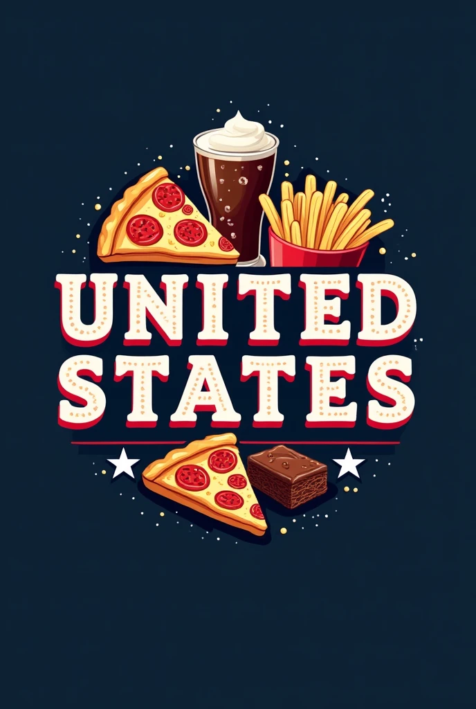 A logo with a dark blue background, in the center the name UNITED STATES, in white American Typewriter font with red outline, a delicious slice of pizza, on the right a glass of soda with bubbles, below the text a portion of golden fries and brownie without filling