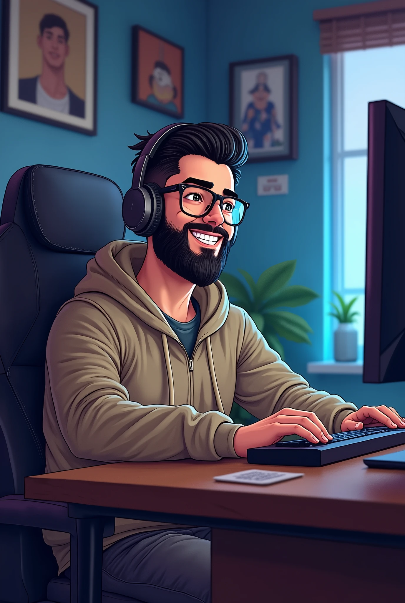 white man with slicked up hair, black glasses and black beard, beige camouflage gaming headset, expression of happiness, watching videos on the computer alone and smiling, illustrations in the gamer room, high quality fanart, 2d illustration, shadowing!!!