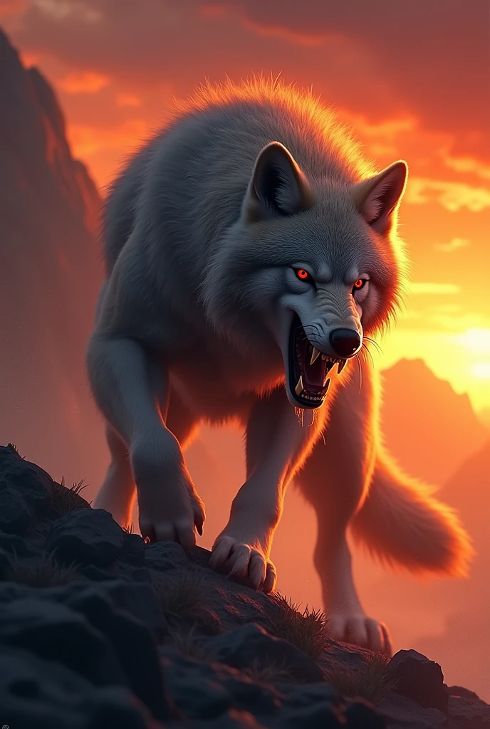 A wolf with red eyes sharp danger teeths roaring at peak of a rock with sunset