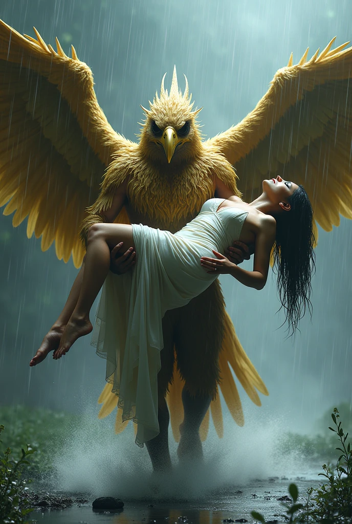 Garuda Man with golden feathers walks in the middle of a rainstorm while carrying the body of a beautiful, sexy woman wearing a white, transparent dress, all soaked.