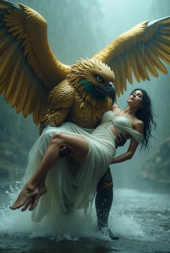 Garuda Man with golden feathers walks in the middle of a rainstorm while carrying the body of a beautiful, sexy woman wearing a white, transparent dress, all soaked.