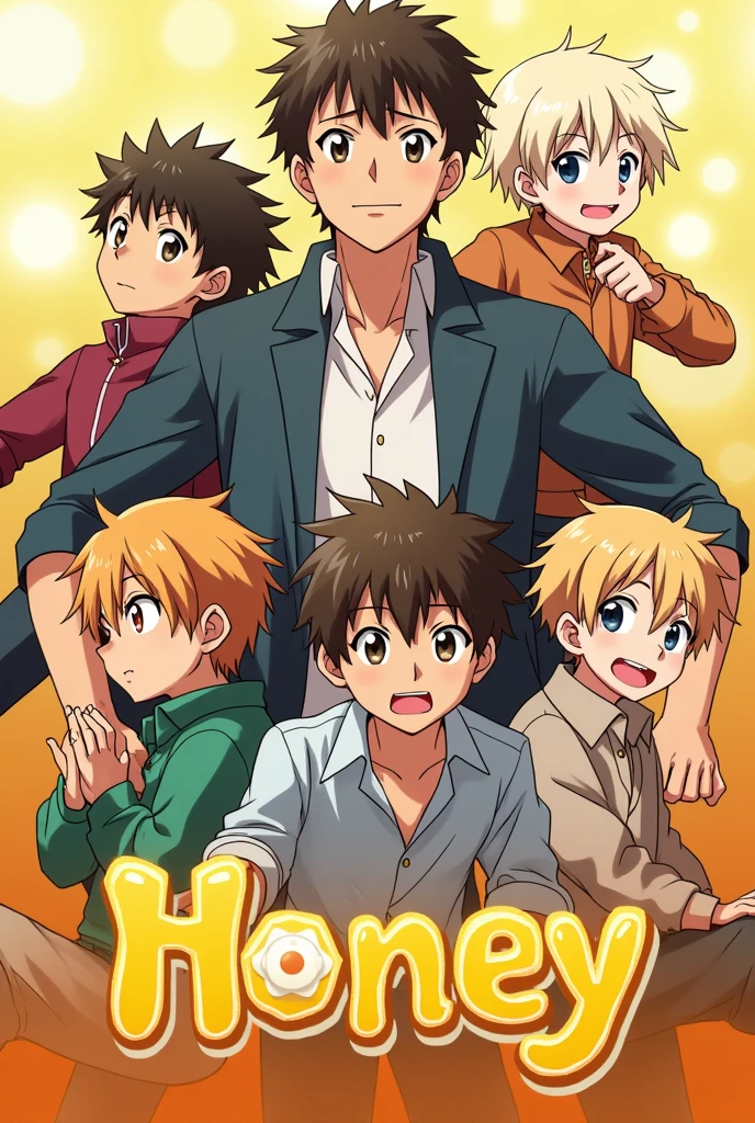Our anime name is HONEY and we need anime poster name also show in poster 2d anime and in poster 5 boys first boy age is 12 years looking good, friendly, main character , second character age 12 ,silent boy ,third boy is very weak, forth boy is very naughty, fifth boy is very muscular, 2d anime 2d anime High quality