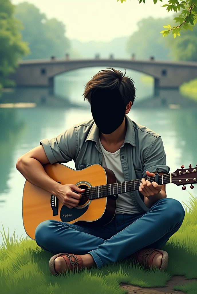 A 1 man  playing guitar. Sitting near river with bridge view with hide face. He is sitting on grass. He wears tshirt and shirt and jeans . RISHU in english alphabet written on his guitar