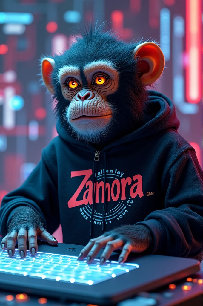 Create a monkey that is hacked into a computer and has a sweatshirt that says Zamora
