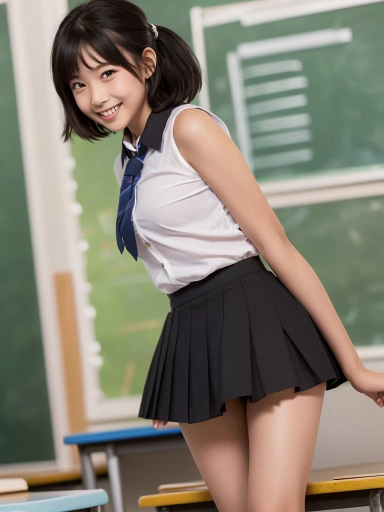 (masterpiece, highest quality:1.37), High resolution, Super detailed, Ultra Sharp, break, Japanese high school girl model, One girl, (Black Hair, short hair, bangs), blue eyes, jewelry, Earrings, Earrings, break, ((Detailed school girl:1.5), Sailor shirt with collar, Pleated skirt, Looks great), Grin, A light smile, Lips parted, Pink lipstick, break, Are standing, Cowboy Shot, Put your arms behind your back, Put your arms behind your hips, Detailed human hand, High Definition:1.2, ((Detailed classroom background:1.3)), 8 Life-size, thin, Anime Style, Anime Style school girl, Perfect Anatomy, Perfect Proportions, Inspired by Kyoto Animation and A-1 Pictures、((Sexy panties:1.85))、((Spread your legs wide:1.85))