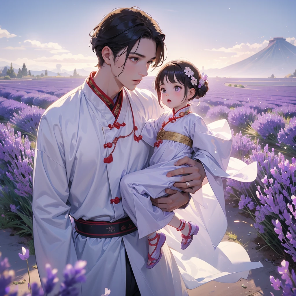 A one-year-old baby boy in an white ancient Chinese baby costume with his beautiful mother, dressed in an ancient Chinese costume, Stroll among the purple lavender fields , There are some floating clouds, playing with each other, with his handsome father standing next to his mother, close up.