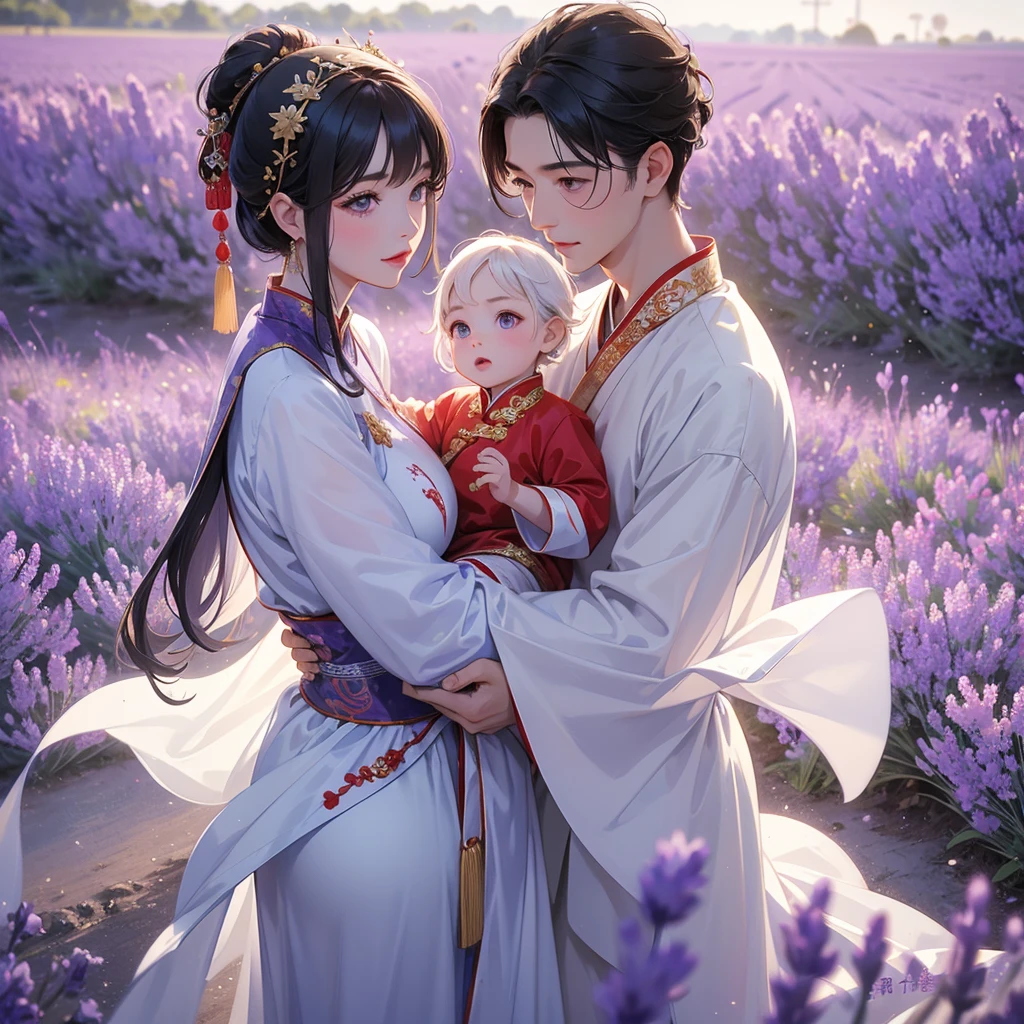 A one-year-old baby boy in an white ancient Chinese baby costume with his beautiful mother, dressed in an ancient Chinese costume, Stroll among the purple lavender fields , There are some floating clouds, playing with each other, with his handsome father standing next to his mother, close up.
