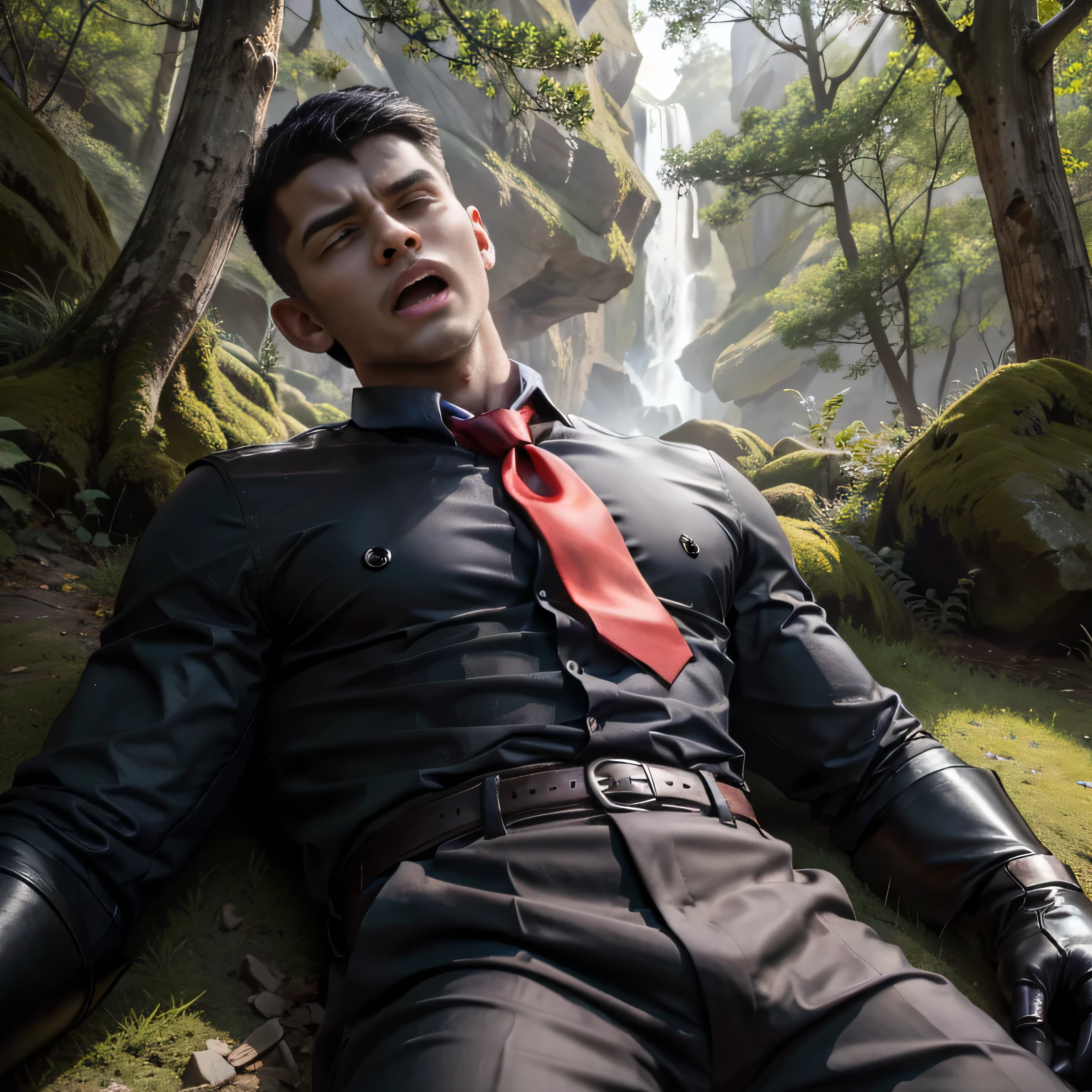 3,One Man,Tall handsome man、Black Shirt、Red tie、Black gloves、Forest、Lying on your back on the ground、knock down Scream、 ,Black Hair、Very short hair、undercut、Asian Face Seen from below