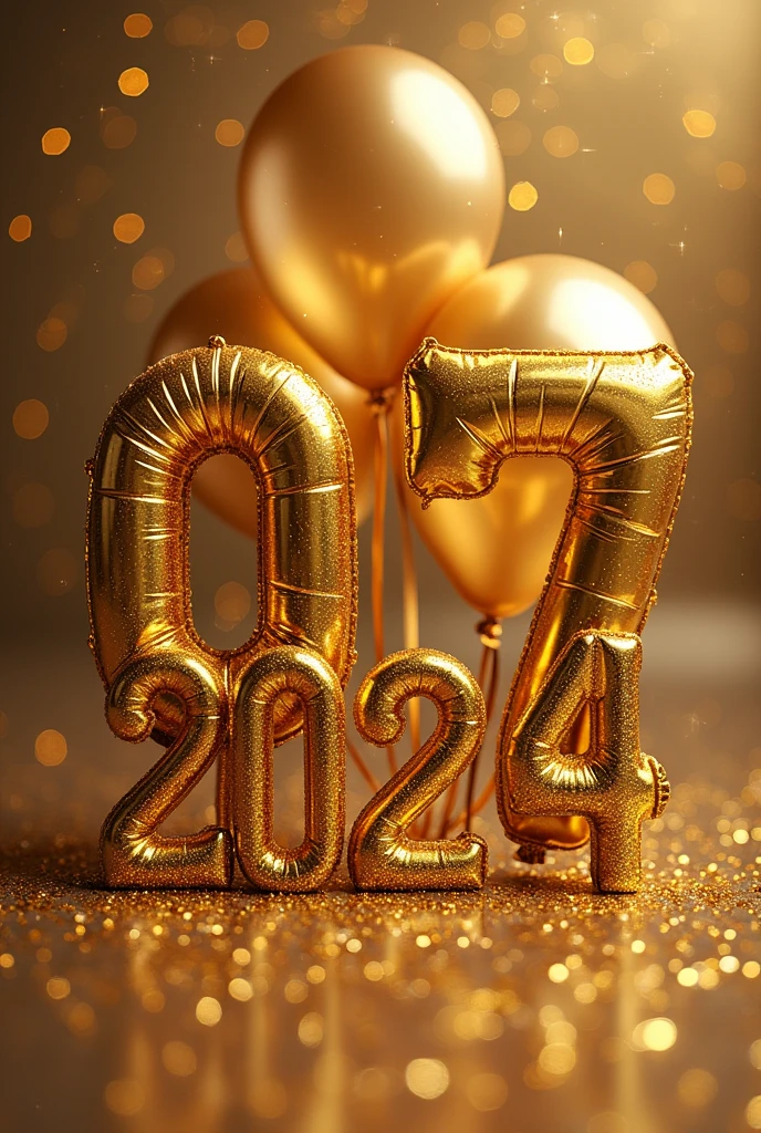 A golden birthday invitation with gold and glitter balloons, with the day also in golden and shiny color for day 07/09/2024 with natural and chic charm