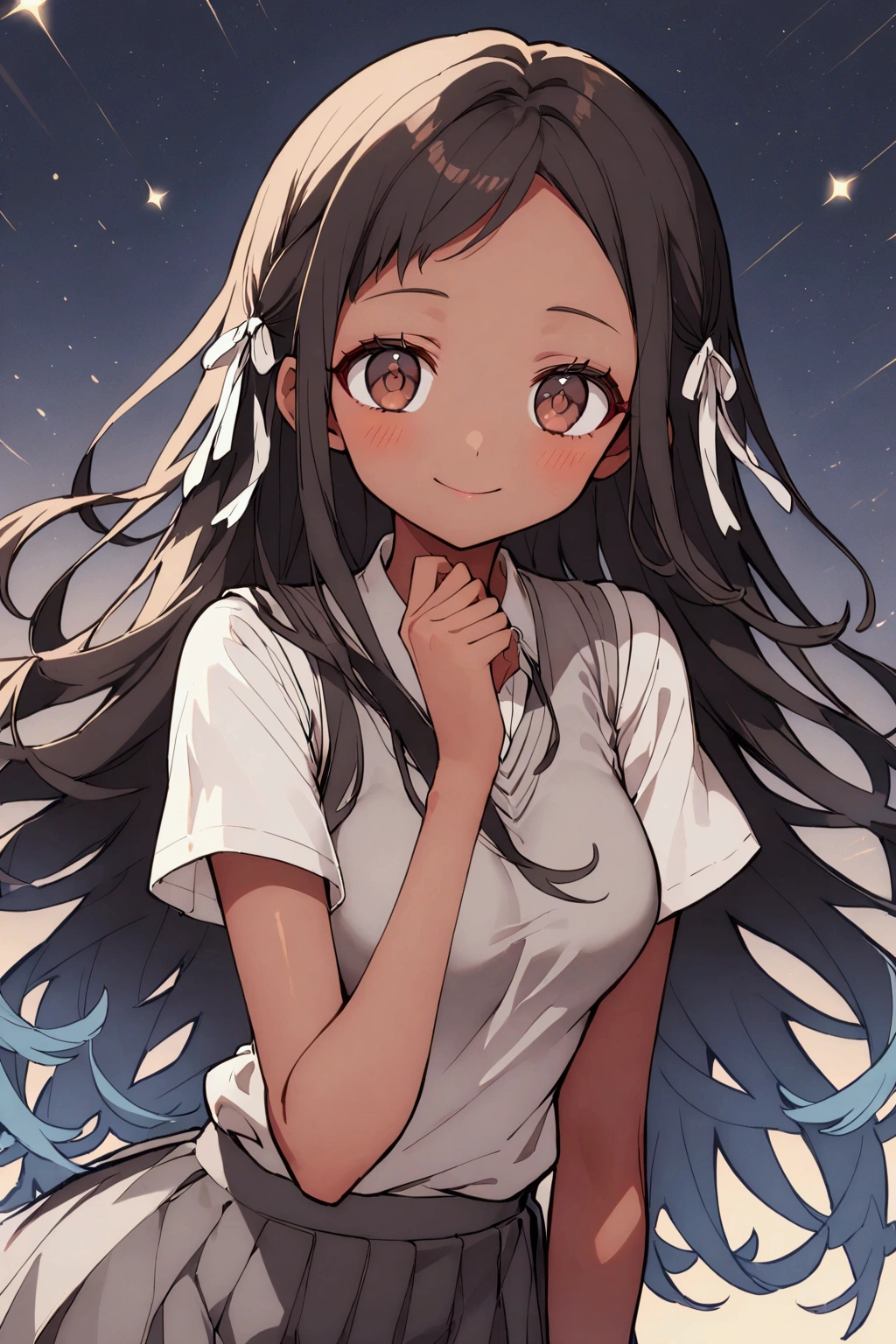 1girl, brown eyes, black hair with blue fade, blue strands in the hair, long hair, skinny waist, medium breasts, tan skin, gold jewelry, peaceful expression, calm, spotify, young girl, teenager girl, happy expression, majestic, brown skin, white shirt, gray sweater vest, gray skirt, white ribbon, ACTRESS LORE