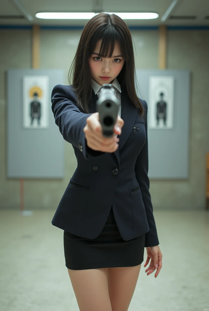 real person realistic beautiful sweet big eyes japanese stewardess mini skirt standing stance legs open wide spreading full portrait holding rifle gun pointing at you front facing aiming at you shooting range sexy legs