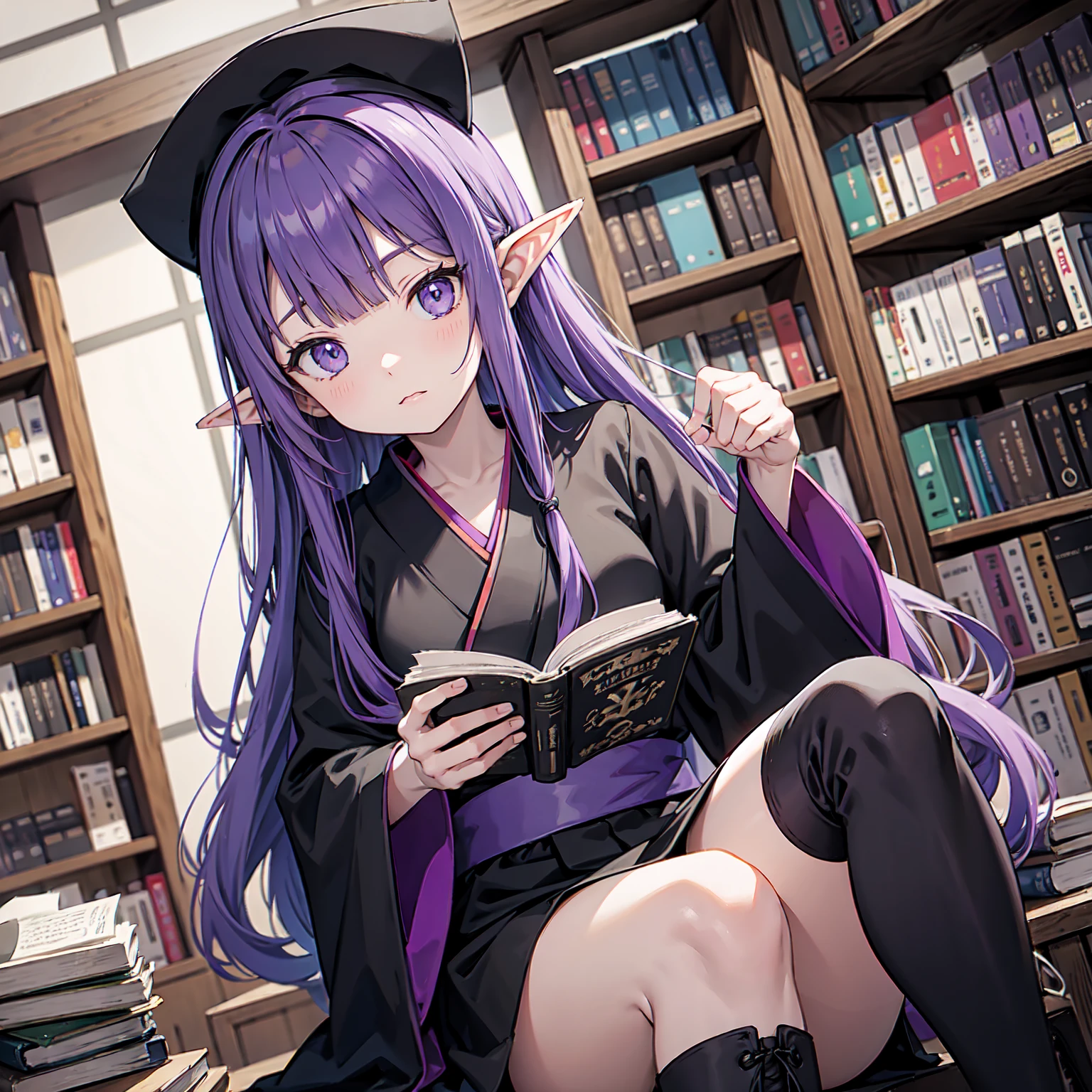 Purple hair. A girl with long purple hair. Elf ears. Her clothes are simple: a black robe with wide sleeves and a black miniskirt. Her knees stick out. V-shaped white inserts on the front like a kimono. Black boots. She is sitting on a red sofa in the library, reading intently, her eyes on a book. Looking at a book. No other people in sight. An uninhabited, dilapidated library. Lots of bookshelves. A large number of bookshelves all around.
