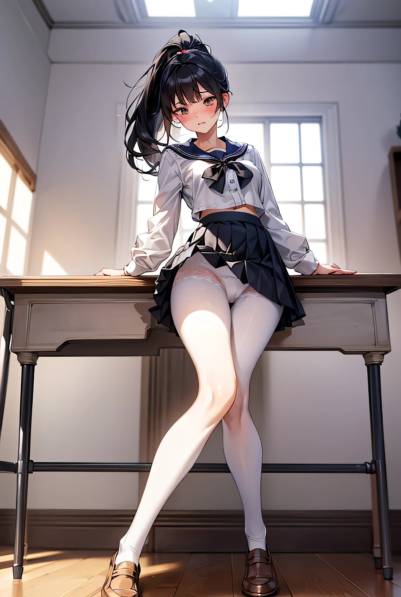 (((masterpiece, Highest quality, High resolution, 超High resolution, Pixel perfect, Written boundary depth, 4K, RTTX10.0))), Cute anime woman, Beautiful art style, Anime characters, ((Smooth texture, Realistic texture, Anime CG style)), Exact finger count、Exact number of legs、(Exact number of arms:1.0, Exact number of hands:1.0), (Perfect hands, Perfect Anatomy), Cinematic, Realistic, Highly detailed CG, Daytime lighting, Perfect lighting, Best Shadow, The best natural light, whole body, Perfectly balanced style, Perfectly balanced body, (Slender body:1.2), whole body, ((bangs, Black Hair, Cute ponytail)), ((A pretty woman is standing with her legs crossed, holding her skirt:1.3)), (Fashionable white shirt, White panties, Small ribbon in the center of the waist of the panties, Panties with lace trim, Sailor collar, Beige pantyhose, White socks,loafers, Navy pleated mini skirt:1.3), (Beautiful big boobs:1.1), ((Embarrassed expression:1.4), blush, (Sexual pleasure expression, Fun expression:1.4), (look up, mouth half open:1.1), Limits of patience), (In the school classroom:1.3), (Pussy juice:1.4), Angle from the front, remote_Vibrating shortcuts,