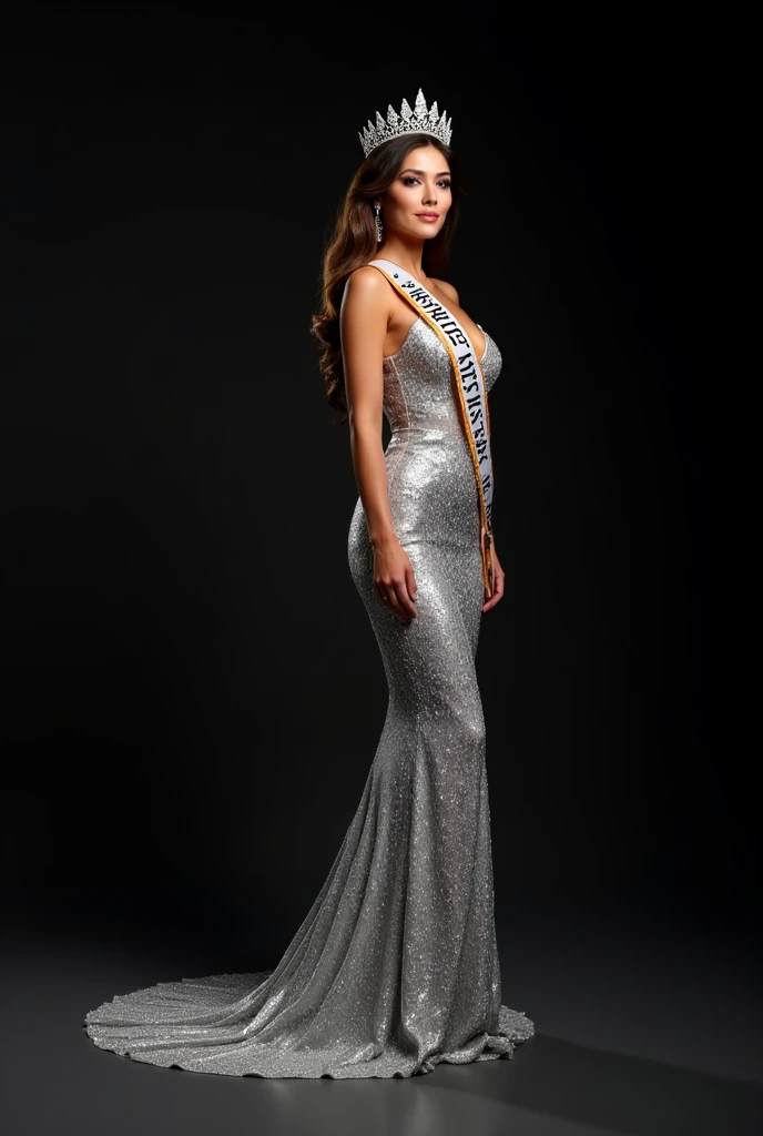 Photoshoot of miss Universe with Silver Evening gown, crown and Sash. Black Background. Slim body, beautiful face. From back turn to in front of.