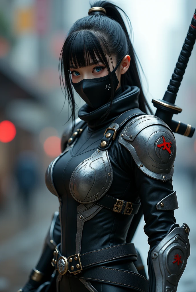 Superhero, 現代のSuperheroのコスチューム, Color Scheme: Black stealth tactical white contrast strategic accent costume details: Insert stripes elegant dynamic logo symbol unique mask and accessories: Black mask with adjustable strap holder buckle fasteners armor and functionality: Padded elbow and knee decorative protective armor plate accents, Girls' Suits, Ninja, With Chinese swords and machine guns, with blue eyes, Chinese woman with bangs, Brave性格, kind, Brave, Decide, On the battlefield, Atmospheric perspective, Motion Blur, 8k, Super Detail, Highest quality, Ultra-high resolution, Attention to detail