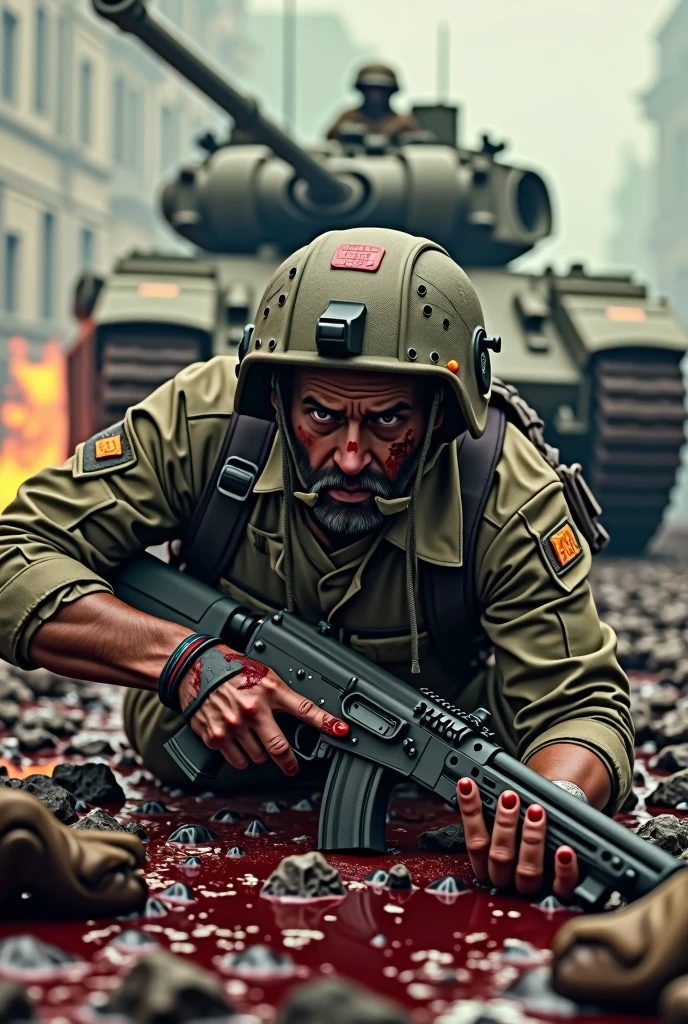 Early cyberpunk military , crawls out from under the bloopers , pull to AK 12 , there is blood on his shitsa , there is a tank burning behind