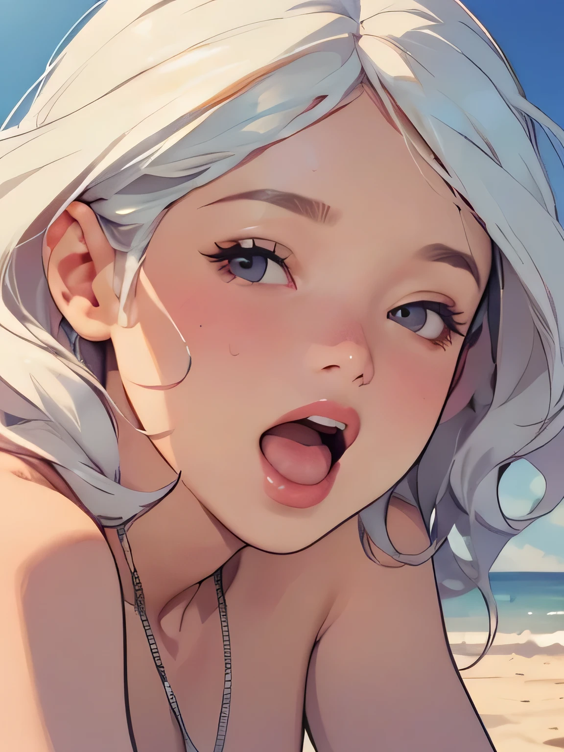 ((high quality colour line art)), (highly detailed), ((cute girl face)), (naked), necklace, (((sunny beach))), ((pale skin)), (((anatomically correct))), (long white hair), (((chubby))), (singing), ((close-up)), (((small tits)))