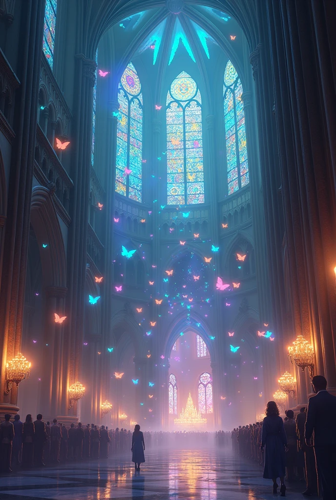 A huge cathedral filled with magic and smoke, Like colored lights and flying glowing butterflies、Butterfly shaped windows