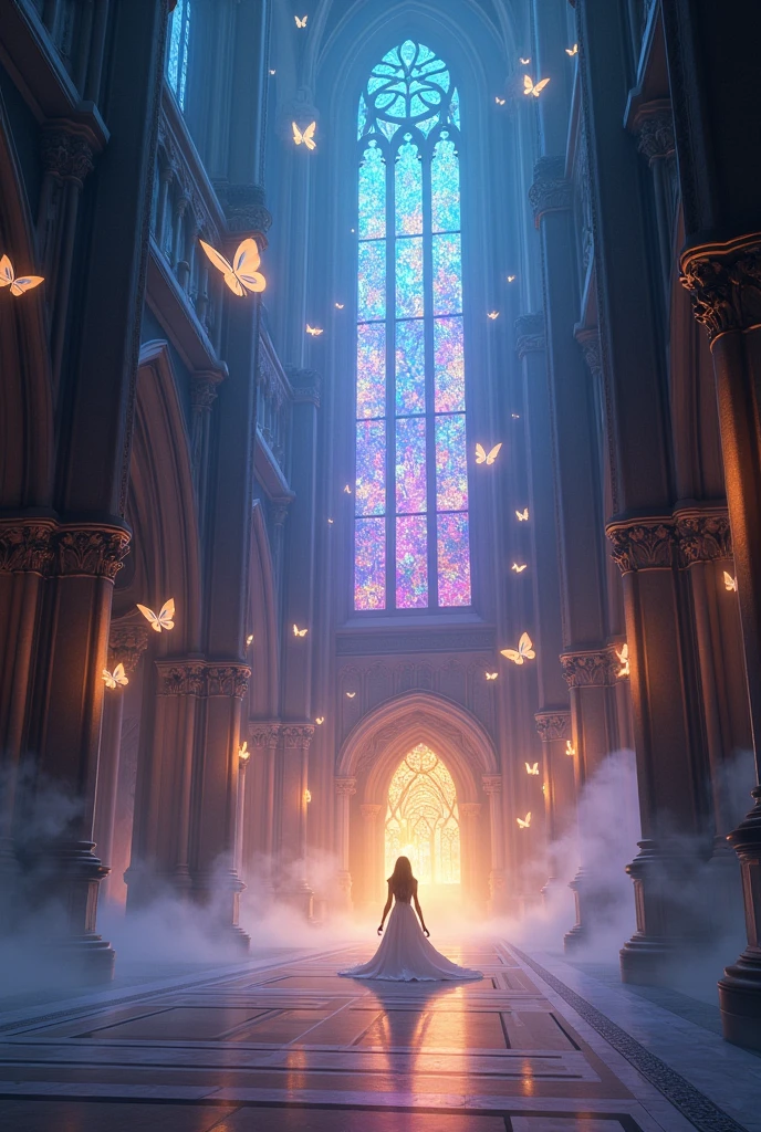 A huge cathedral filled with magic and smoke, Like colored lights and flying glowing butterflies、Butterfly shaped windows