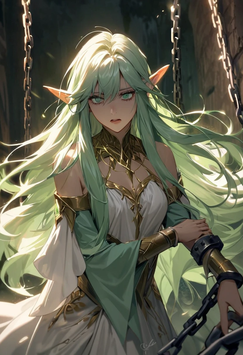 Strikingly beautiful elven woman, ethereal beauty, long, flowing hair, pointed ears, delicate features, elegant attire, chains and shackles, haunted eyes, sorrowful expression, hidden strength, resilience, determined spirit, ancient elven heritage, noble lineage, tragic past, enslaved by powerful forces, yearning for freedom, hidden potential, waiting for the right moment to strike.