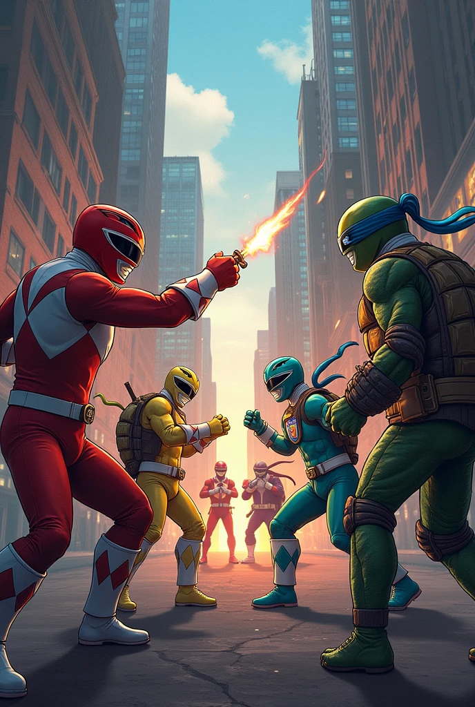Power rangers fighting the ninja turtles.