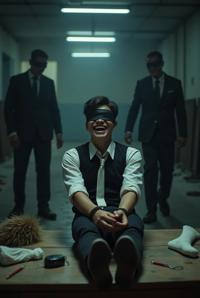 Malaysia malay handsome  19 years  student 
He laugh very hard
His hand handcuff in  abondon warehouse 
Blindfolded
handcuff
Casual Outfit Black Vase White Tie
Focus feet on desk
feather duster on desk
White smelly sock on desk
2  evil mafia rub  his feet
