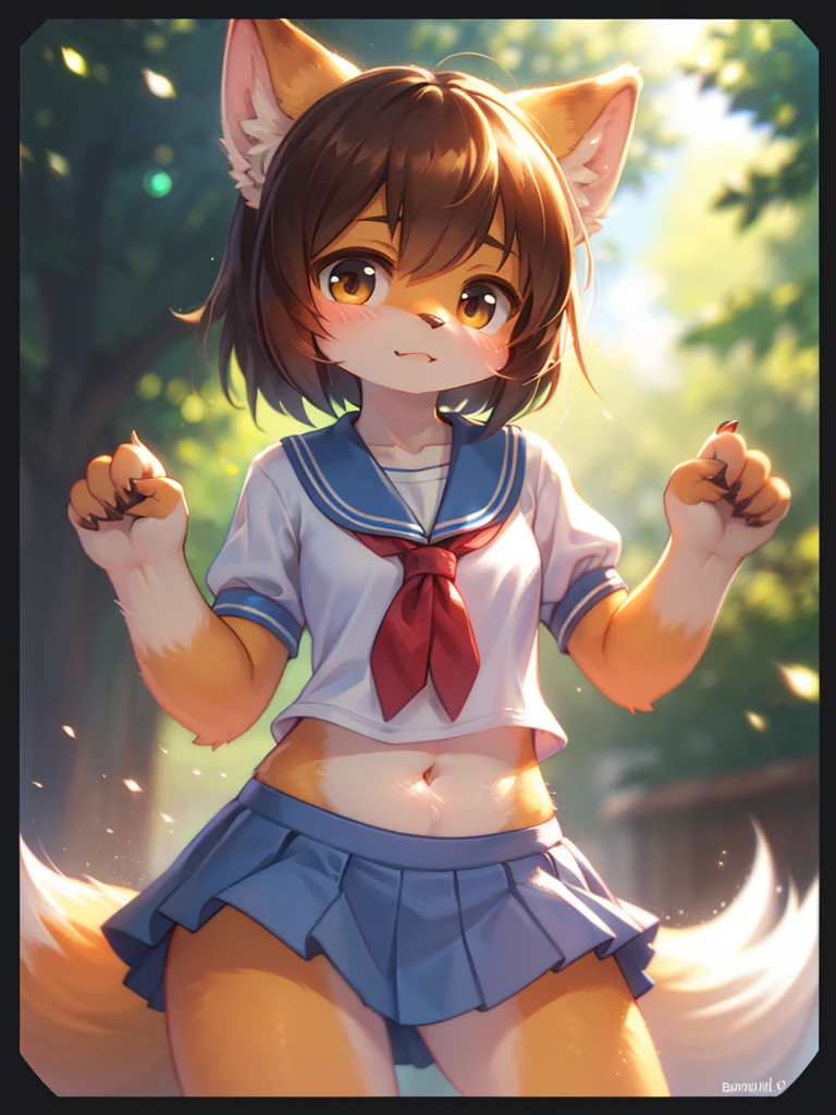 (a small male furry humanoid fennec fox boy with light brown hair and yellow fur), wearing yellow cheer girl uniform, happy, blush, tamachira, dynamic angle