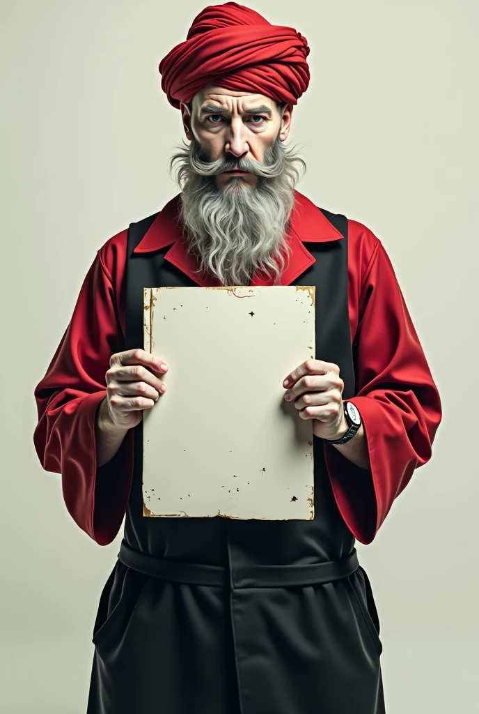 A male psychic, offwhite, segurando uma placa em offwhite, wearing red shirt, black hunting, with beard, wearing a turban