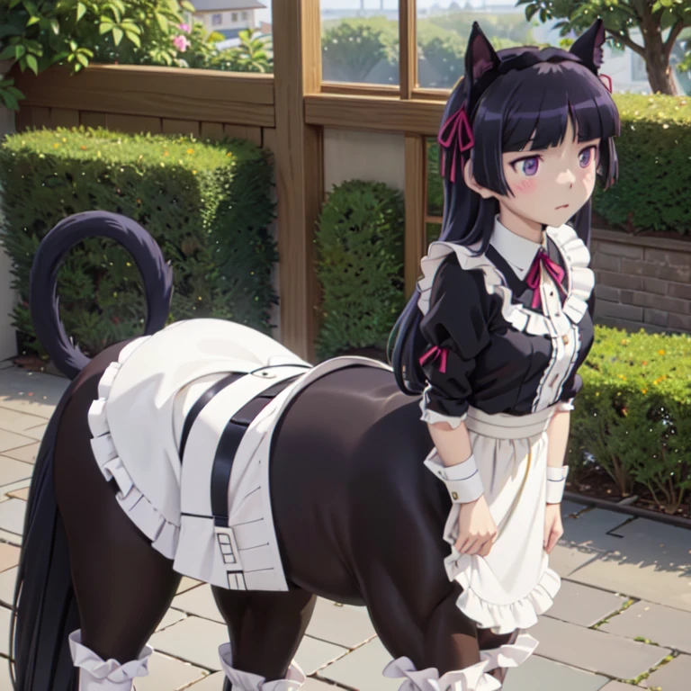 ((centaur)), (ruri gokou), woman, alone, Hime cut, Long Hair, Maid clothes, Cat ear, stockings, Black Tail, apronスカート, Long skirt, stockings, apron, Frills, ribbon, collar, cuffs, hoof, palace、garden、blue sky、