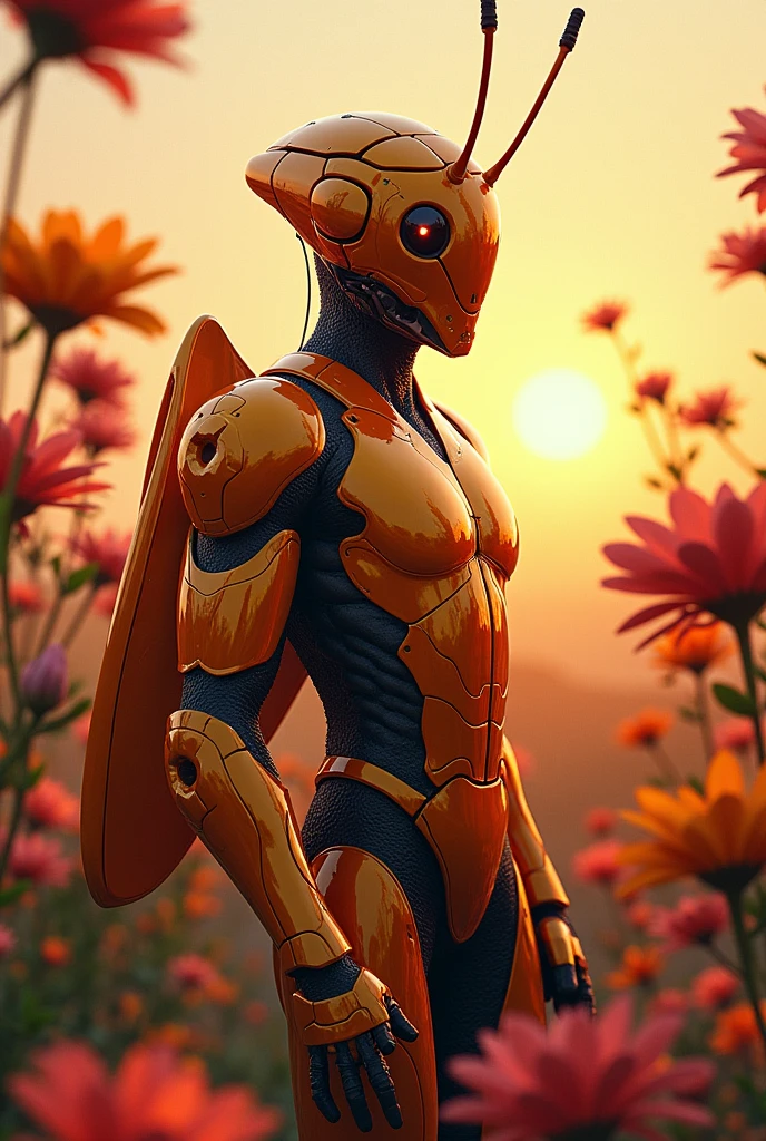 A human male fire grasshopper with a cyborg glossy costume standing between a flowers at sunset