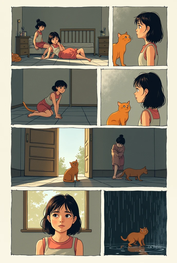 Panel 1: Draw the girl walking, similar to the style of the character in your image, with visible legs in motion. Your expression should reflect sadness or tiredness..

Panel 2: The girl meets a stray cat. You can draw the cat on a low wall, with the girl leaning over to greet him, just like in your reference image.

Panel 3: It shows the girl petting the cat, with a happier expression. This marks a change in your mood..

Panel 4: Draw the cat doing something mischievous, like scratching a piece of furniture or throwing something. The mother appears in a corner of the panel with an angry expression..

Panel 5: It represents the mother throwing the cat out of the house., with the girl in the background, looking worriedly from a window or door.

Panel 6: The girl runs in the rain, looking for the cat. You can show her with wet hair and clothes, conveying the urgency of the situation.

Panel 7: The girl finds the cat in a dark corner or under a shelter, hugging him to comfort him.

Panel 8: Finally, the girl and the cat are at home, with the mother watching them with an expression of remorse. Includes the text "AND IF YOU WERE THE PET" in a space at the end, with the moral about respect for living beings. Make a comic with all the panels, not just the last one.
