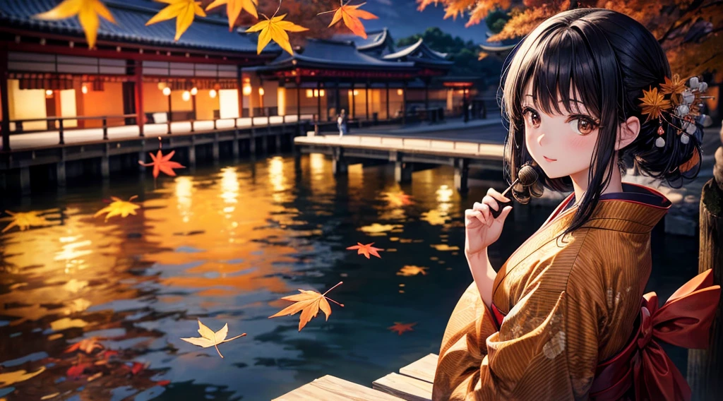 One Girl, Black Hair, Brown eyes, Wear a beautiful Japanese kimono, autumn leaves, Kyoto, night, High resolution, Ultra Sharp, 8k, masterpiece, View your audience