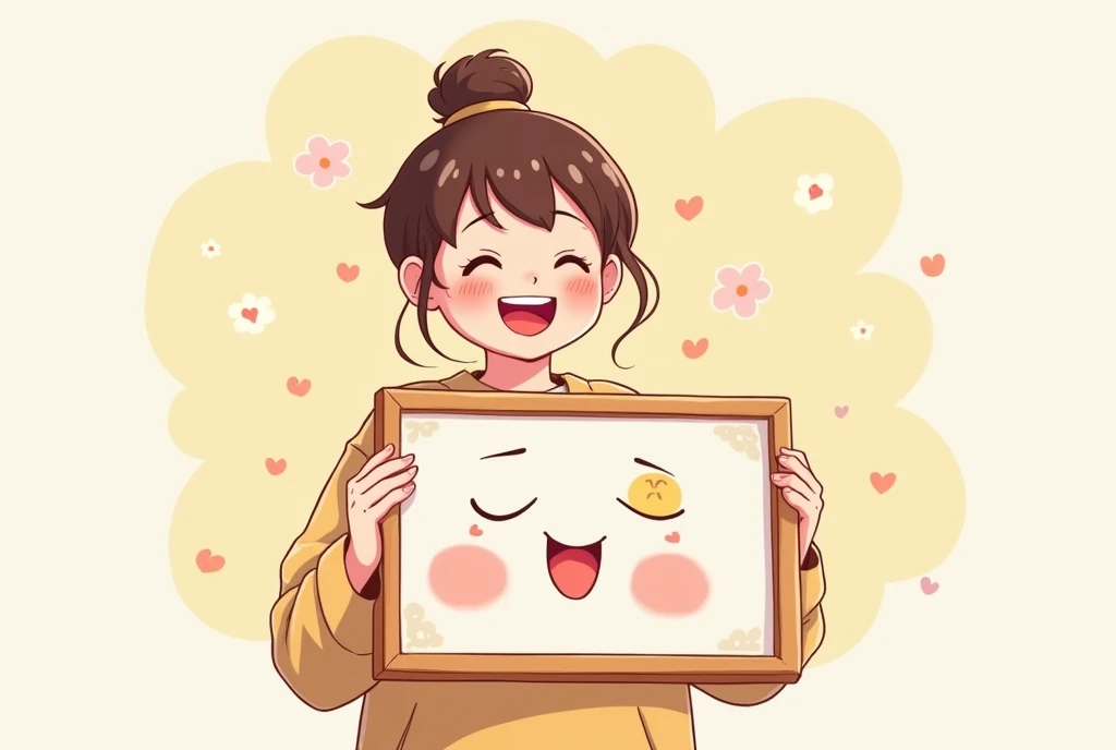 Holding a painting and smiling happily,Shining with pride,Cartoon,可爱Cartoon,可爱Cartoon风格,maternal love,Cute illustration,Clean anime art,Simple background
