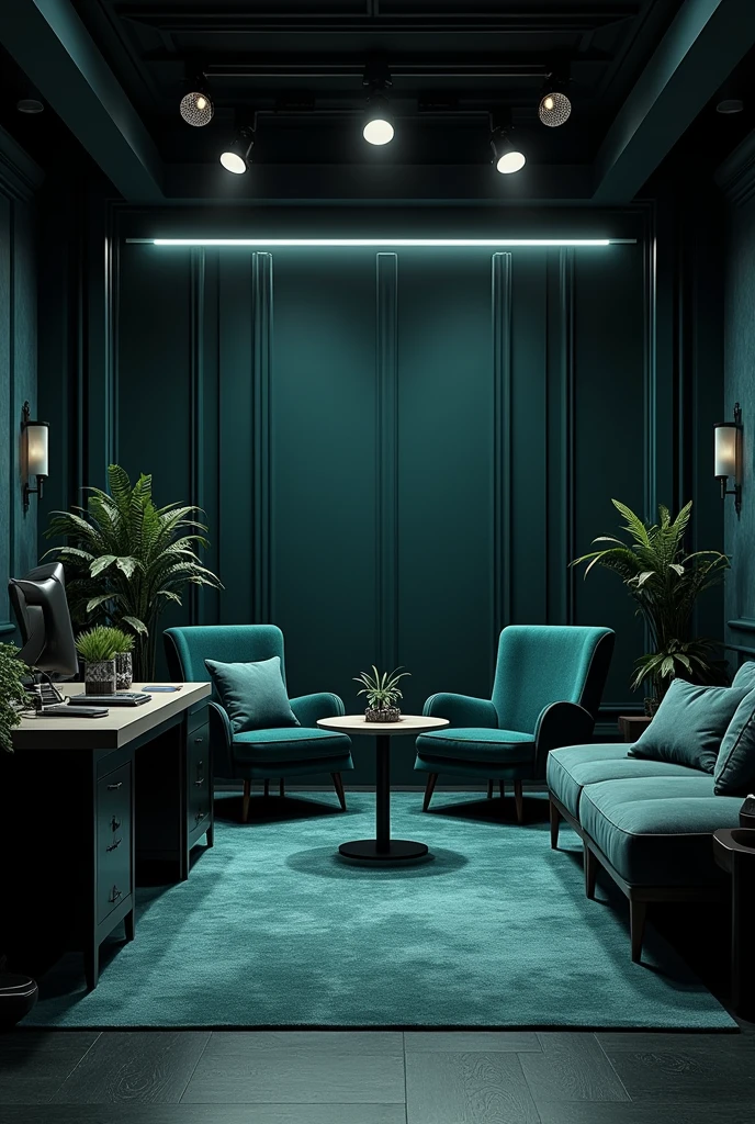 a classy and elegant high end school broadcast podcast room dark colors including teal, black , and grey.