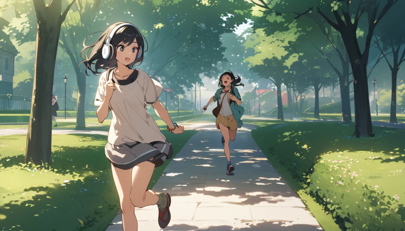 A woman with black hair and cute clothes running in the park,Streetscape、Listening to music with headphones、Japanese