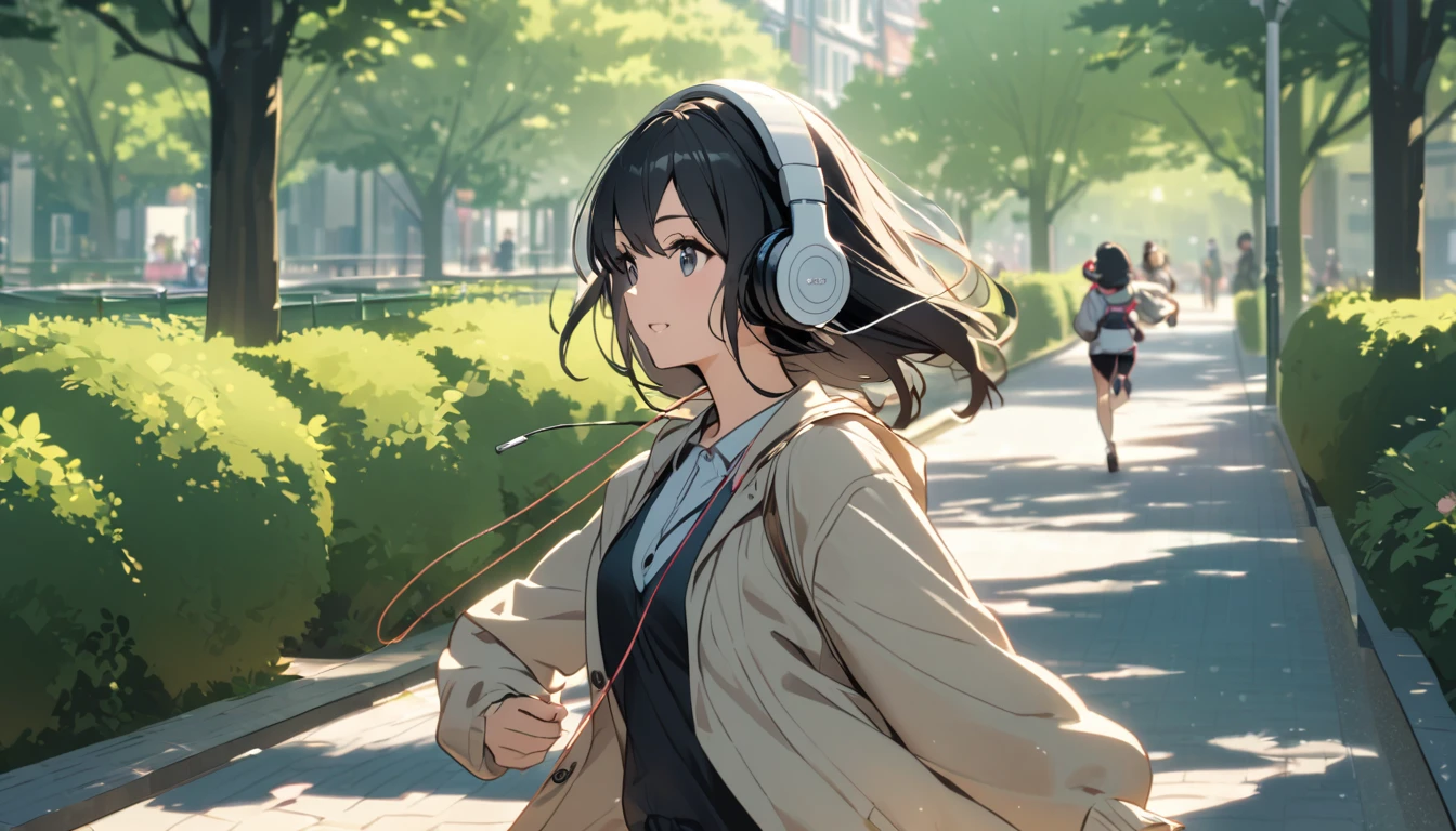 A woman with black hair and cute clothes running in the park,Streetscape、Listening to music with headphones、Japanese
