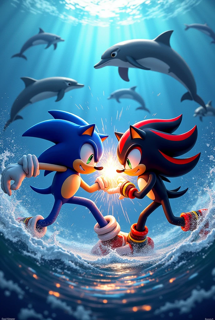 Sonic fighting with shadow on dolphins