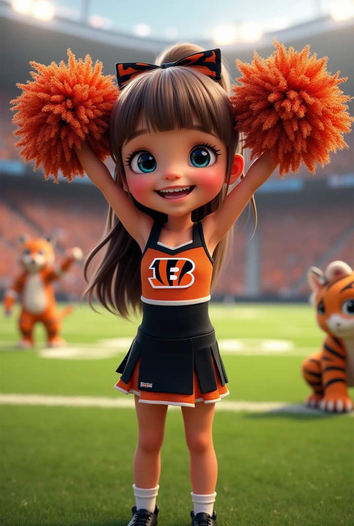 Bengals cheerleader child
Brown hair, long in ponytail, bangs, blue eyes on football field
Black & orange one piece outfit with Bengals logo with black shoes and no socks hair bow
With tiger mascot
Glittery pompoms
Smiling teeth