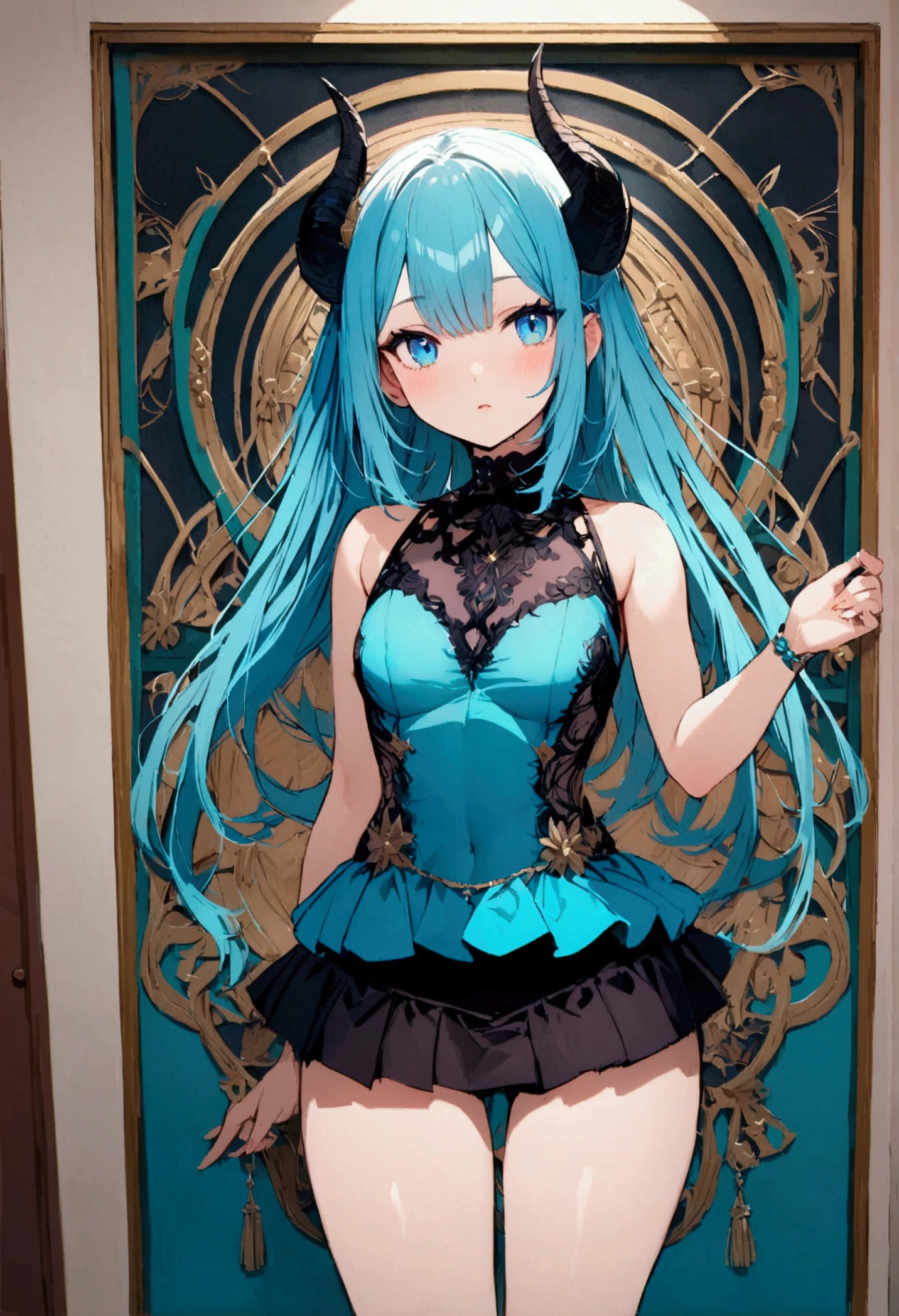 with horns blue eyes hot. Short skirt, black and cyan blouse