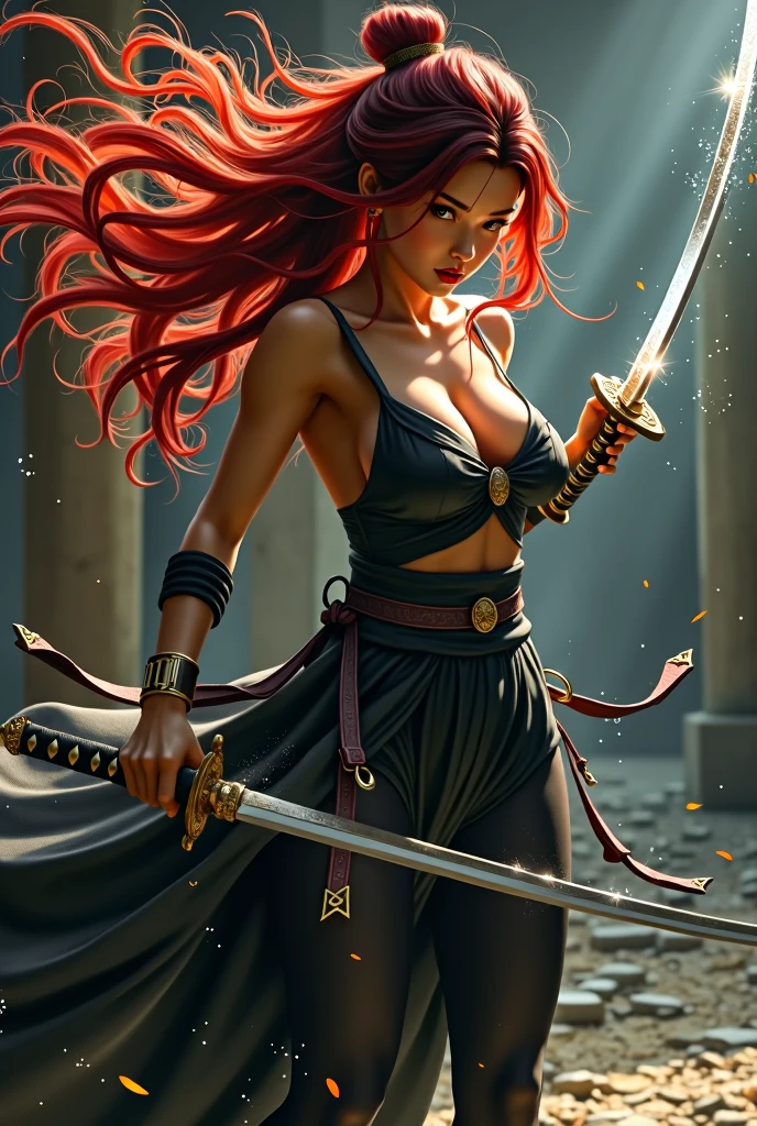 asian woman, long red hair, big boobs and butt, fighting with katanas