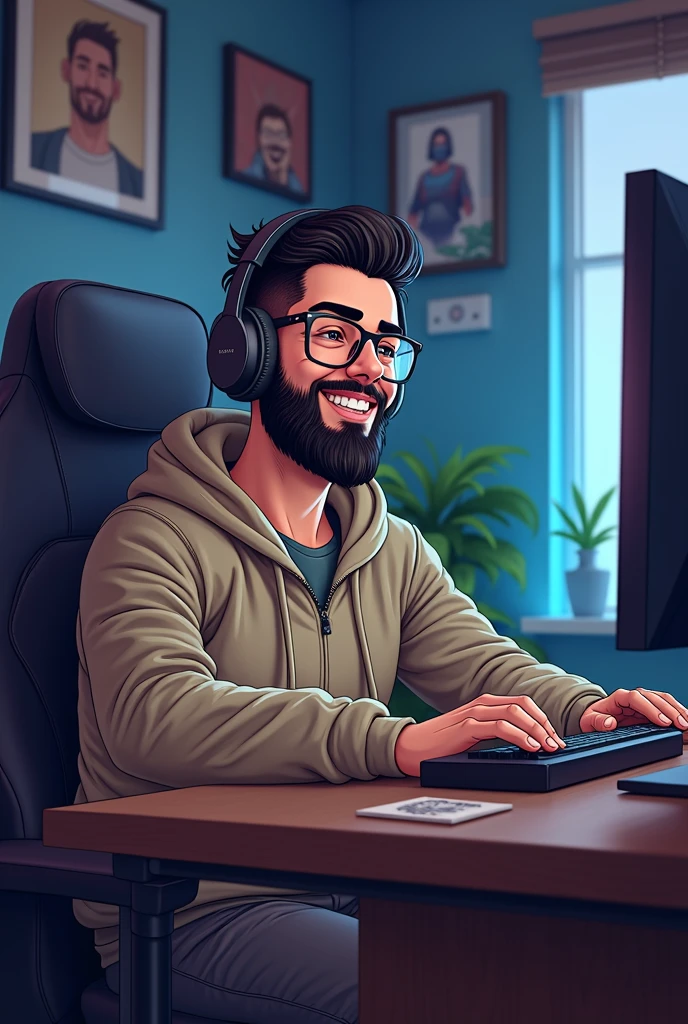 white man with slicked up hair, black glasses and black beard, beige camouflage gaming headset, expression of happiness, watching videos on the computer alone and smiling, illustrations in the gamer room, high quality fanart, 2d illustration, shadowing!!!
