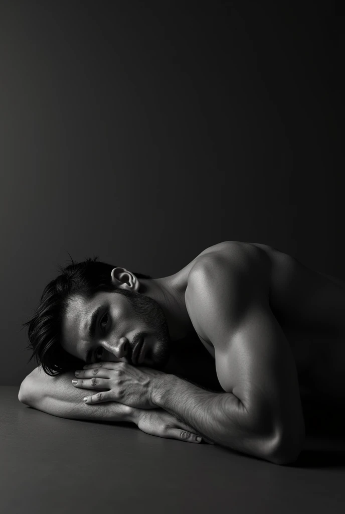 Make an emotional male model, laying down,black and white