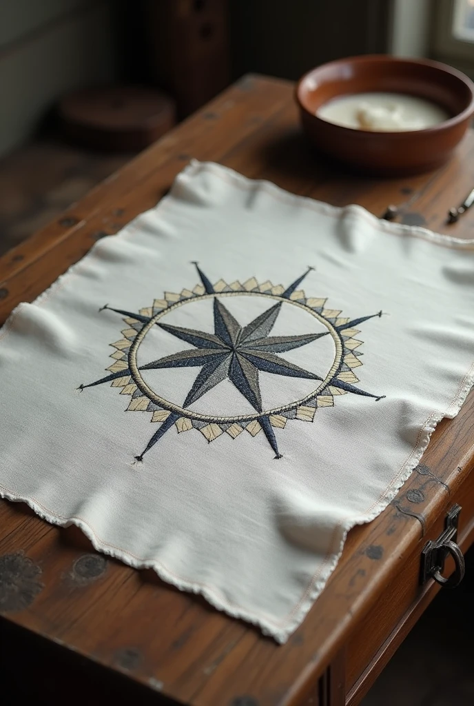 Draw the fabric, on which the wind rose is embroidered (the fabric is lying on the table, year 1812)