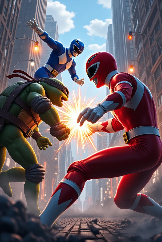 Power rangers fighting the ninja turtles.